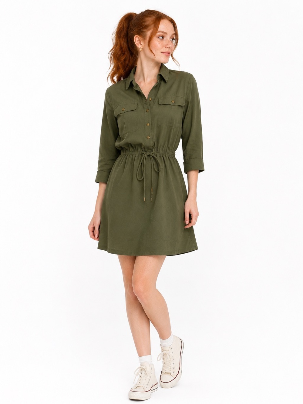 Shirt Dress Olive Khaki Green Mini Military  Loose Size XS